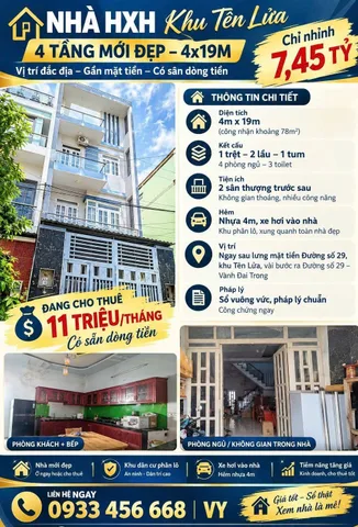 BÁN NHÀ - HẺM XE HƠI - ĐƯỜNG SỐ KHU TÊN LỬA - 80m - 4 TẦNG - CHỈ NHỎ 7 TỶ