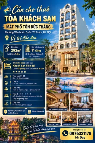 Cho thuê Khách sạn cao cấp Đường Tôn Đức Thắng Phường Văn Miếu Quận Đống Đa, 292m2 x 11T