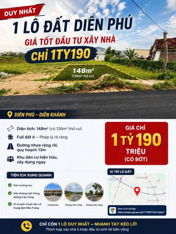 Bán Đất 148m2 có sẵn 126 m2 thổ cư giá 1.2 tỷ tại Xã Diên Phú Huyện Diên Khánh Khánh Hòa