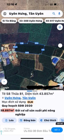 Cho thuê Đất 43857m2 giá 300 triệu tại Phường Uyên Hưng Thị xã Tân Uyên Bình Dương