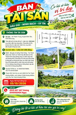 Bán Đất 663.2m2 có sẵn 242.5 m2 thổ cư giá 1.6 tỷ tại Xã Thành Trung Huyện Bình Tân Vĩnh Long