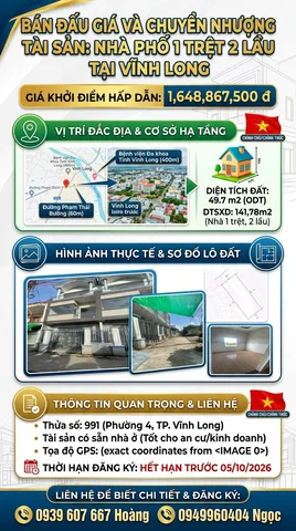 Bán Nhà riêng 49.7m2 có sẵn 49.7 m2 thổ cư giá 1.65 tỷ tại Phường 4 Thành phố Vĩnh Long Vĩnh Long