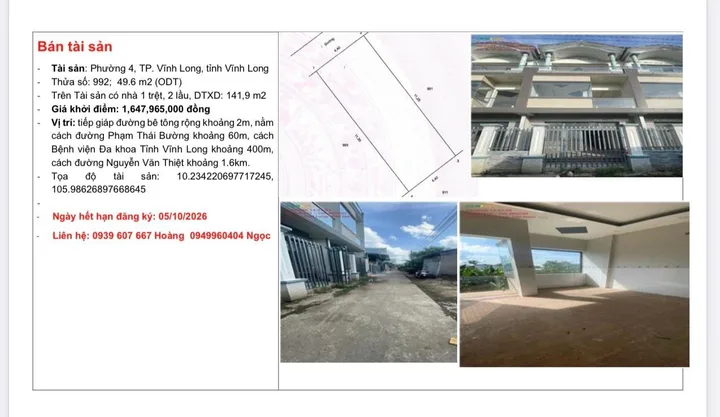 Bán Nhà riêng 49.6m2 có sẵn 49.6 m2 thổ cư giá 1.65 tỷ tại Phường 4 Thành phố Vĩnh Long Vĩnh Long