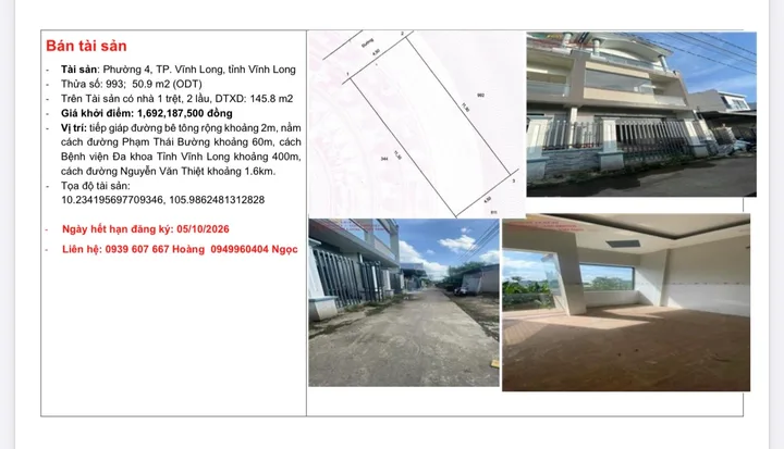 Bán Nhà riêng 50.9m2 có sẵn 50.9 m2 thổ cư giá 1.69 tỷ tại Đường Phạm Thái Bường Phường 4 Thành phố Vĩnh Long Vĩnh Long