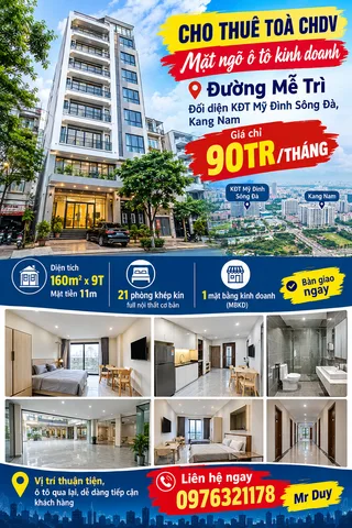 Cho thuê toà chdv mặt ngõ ô tô kinh doanh đường Mễ Trì đối diện kđt Mỹ Đình Sông Đà, kang Nam giá 90tr/tháng