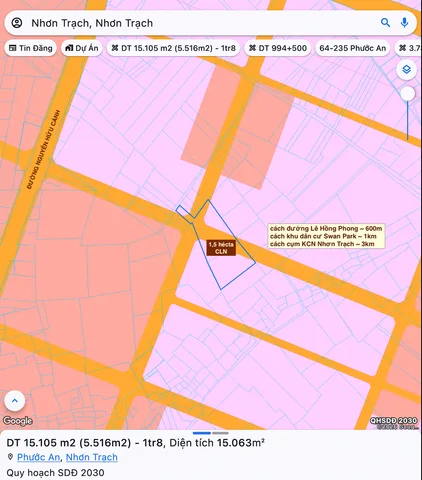 Chuyển nhượng khu đất 1,5 hécta gần đường Nguyễn Hữu Cảnh và Lê Hồng Phong - Nhơn Trạch - Đồng Nai