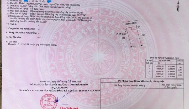 Bán Đất 93m2 có sẵn 93 m2 thổ cư giá 1.25 tỷ tại Xã Vạn Long Huyện Vạn Ninh Khánh Hòa