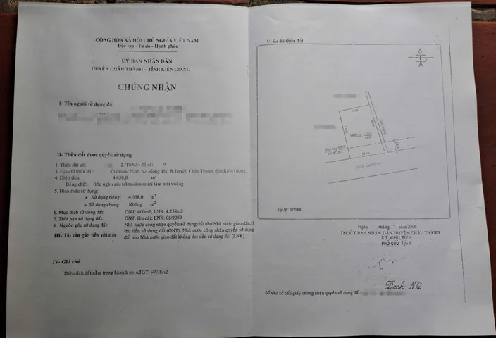 Bán Đất 4658m2 có sẵn 400 m2 thổ cư giá 2.38 tỷ tại Xã Mong Thọ B Huyện Châu Thành Kiên Giang
