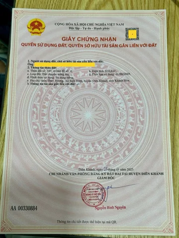BÁN LÔ ĐẤT LÚA SUỐI HIỆP , DIÊN KHÁNH . DT 833m2 BÁM ĐƯỜNG BETONG . GIÁ CHỈ 399 TRIỆU BAO GIẤY TỜ