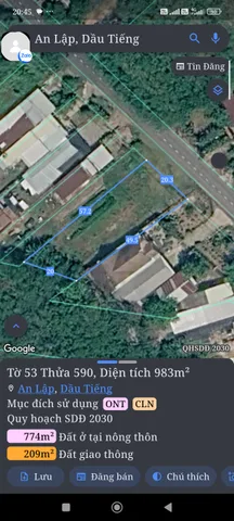 Bán Đất 983m2 có sẵn 200 m2 thổ cư giá 3.6 tỷ tại Xã An Lập Huyện Dầu Tiếng Bình Dương