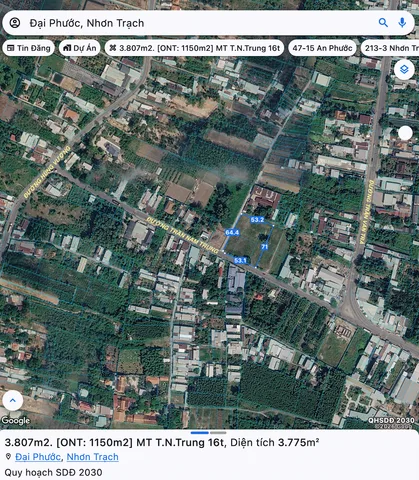 Đất mặt tiền Trần Nam Trung - Nhơn Trạch - Đồng Nai / Diện tích 3.807 m2 (đã có 1.150 m2 thổ cư) gần đường Hùng Vương