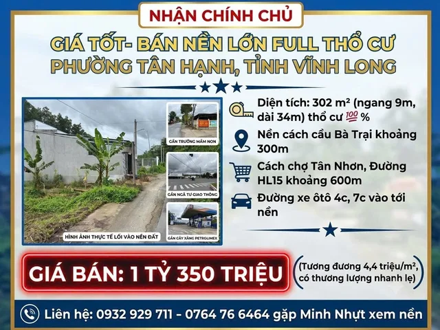 Bán Đất 302m2 có sẵn 302 m2 thổ cư giá 1.35 tỷ tại Xã Tân Hạnh Huyện Long Hồ Vĩnh Long