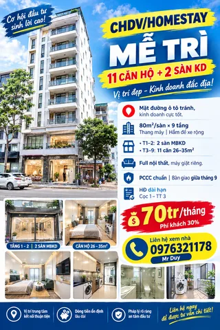 🔥 CHDV/HOMESTAY MỄ TRÌ – 11 CĂN HỘ + 2 SÀN KD - đường ô tô tránh, kinh doanh cực tốt.