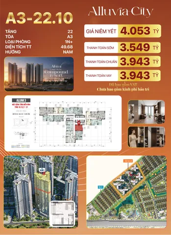 Bán Căn hộ chung cư Alluvia City - Alumi  49.7m2 giá 3.3 triệu tại - Chọn - Xã Phụng Công Hưng Yên