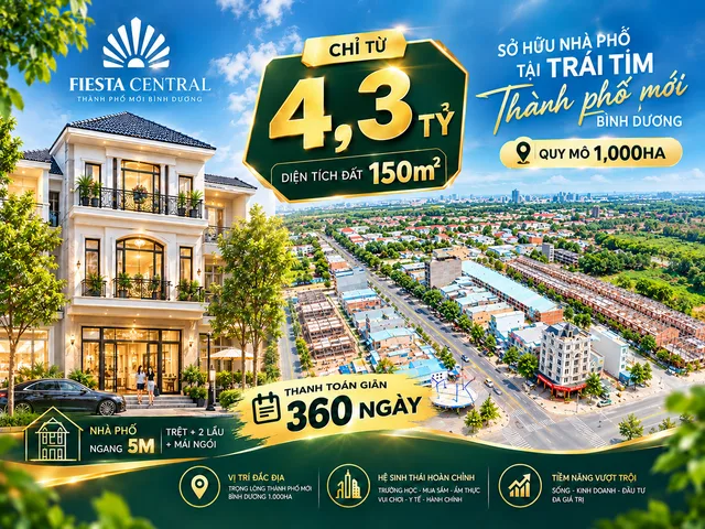 🔥 Fiesta Central Bình Dương – Nhà phố 150m² chỉ 4,6 tỷ, thanh toán giãn 360 ngày