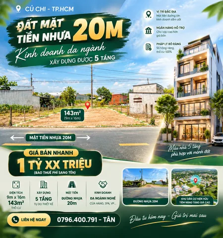 Người thân cần bán lô đất mặt tiền đường nhựa 20m An Nhơn Tây - Củ Chi giá 1 tỷ 6