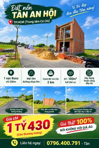 Bán Đất 100m2 có sẵn 100 m2 thổ cư giá 1.43 tỷ tại Đường Ba Sa Xã Tân An Hội Huyện Củ Chi TP. Hồ Chí Minh
