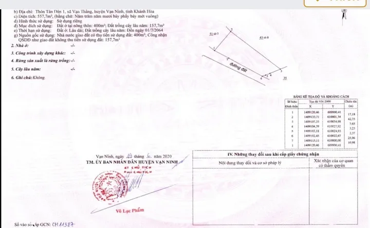 Bán Đất 557m2 có sẵn 400 m2 thổ cư giá 6.69 tỷ tại Xã Vạn Thắng Huyện Vạn Ninh Khánh Hòa