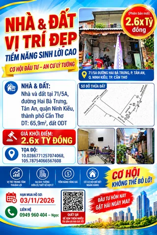 Bán Nhà riêng 65.9m2 có sẵn 65.9 m2 thổ cư giá 2.61 tỷ tại Đường Hai Bà Trưng Phường Tân An Quận Ninh Kiều Cần Thơ