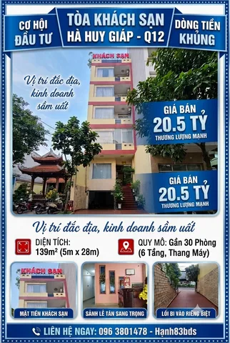 BÁN GẤP KHÁCH SẠN MẶT TIỀN HÀ HUY GIÁP QUẬN 12 – 6 TẦNG CÓ THANG MÁY, 20 PHÒNG THU NHẬP ỔN ĐỊNH