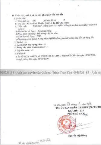 Bán Đất 2020m2 có sẵn 490 m2 thổ cư giá 11.5 tỷ tại Đường Cây Gõ Xã An Phú Huyện Củ Chi TP. Hồ Chí Minh
