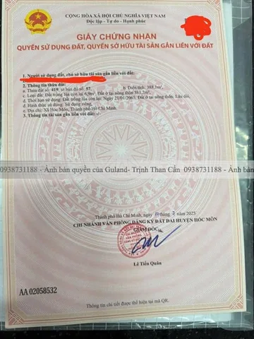 Bán Đất 388m2 có sẵn 381 m2 thổ cư giá 9 tỷ tại Đường Lê Thị Lơ Xã Tân Hiệp Huyện Hóc Môn TP. Hồ Chí Minh