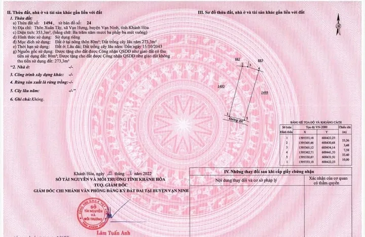 Bán Đất 353.3m2 có sẵn 80 m2 thổ cư giá 2.47 tỷ tại Xã Vạn Hưng Huyện Vạn Ninh Khánh Hòa