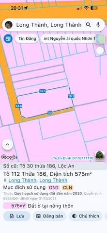 Bán Đất 575m2 có sẵn 175 m2 thổ cư giá 6.5 tỷ tại Xã Lộc An Huyện Long Thành Đồng Nai