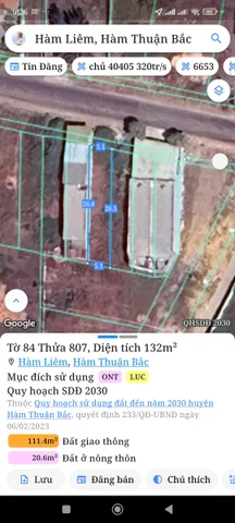 Bán Đất 132m2 có sẵn 100 m2 thổ cư giá 1.6 tỷ tại Xã Hàm Liêm Huyện Hàm Thuận Bắc Bình Thuận