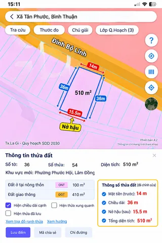 Bán Đất 510m2 có sẵn 100 m2 thổ cư giá 5.7 tỷ tại Đường Đinh Bộ Lĩnh Xã Tân Phước Thị xã La Gi Bình Thuận