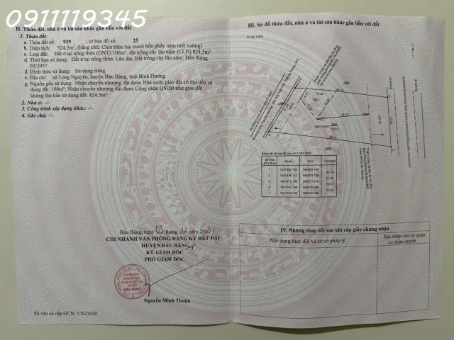 Chính chủ cần bán lô đất siêu đẹp 2 mặt tiền đường DH615, Long Nguyên, Bàu Bàng, 924,5 m2, 2,68 tỷ