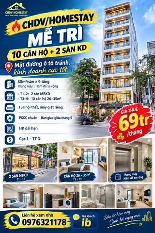 CHO THUÊ TOÀ CHDV/HOMESTAY MỄ TRÌ – 10 CĂN HỘ + 2 SÀN KD
