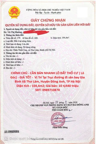CHÍNH CHỦ - CẦN BÁN NHANH LÔ ĐẤT THỔ CƯ ( Lô Góc) - GIÁ TỐT -  Vị Trí Tại Xã Thư Lâm, Đông Anh, Hà Nội