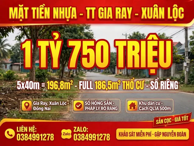 Bán Đất 196.8m2 có sẵn 186,5m2 thổ cư giá 1.75 tỷ tại Đường Nguyễn An Ninh Thị trấn Gia Ray Huyện Xuân Lộc Đồng Nai
