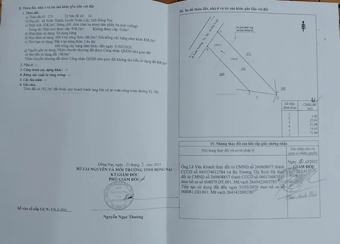 Bán Đất 938m2 có sẵn 100 m2 thổ cư giá 3.2 tỷ tại Xã Xuân Thành Huyện Xuân Lộc Đồng Nai