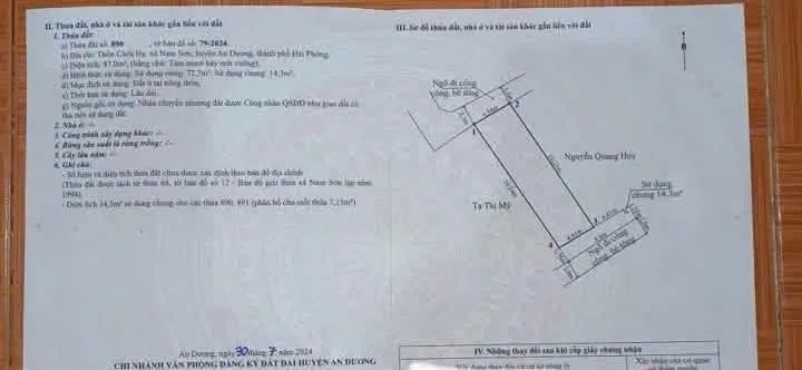 Bán Đất 87m2 có sẵn 87 m2 thổ cư giá 1.9 tỷ tại Xã Nam Sơn Huyện An Dương Hải Phòng