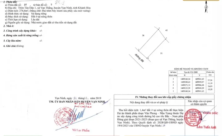 Bán Đất 276.6m2 có sẵn 276.6 m2 thổ cư giá 3.6 tỷ tại Xã Vạn Thắng Huyện Vạn Ninh Khánh Hòa