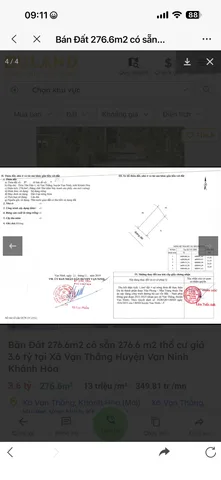 Bán Đất 276.6m2 có sẵn 276.6 m2 thổ cư giá 3.6 tỷ tại Xã Vạn Thắng Huyện Vạn Ninh Khánh Hòa