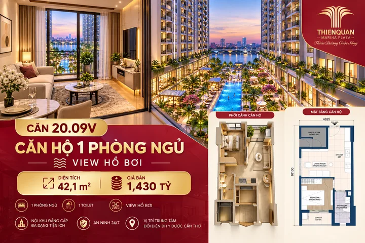 Bán căn hộ view đẹp, tầng 20, 1 phòng ngủ, 1 toilet, dt: 42,1m2,  giá chỉ 1,430 tỷ