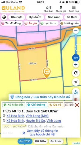 Bán Đất 1602m2 có sẵn 1 m2 thổ cư giá 2000 tỷ tại Xã Hòa Bình Huyện Trà Ôn Vĩnh Long
