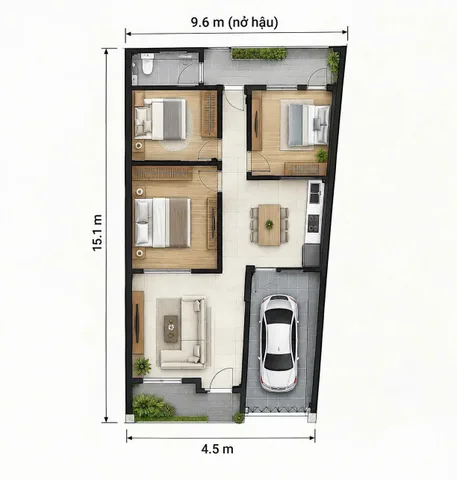 THẾ ĐẤT NỞ HẬU 9,6m diện tích 4,5 x 15m  – TẶNG FULL NỘI THẤT MỚI 🔥