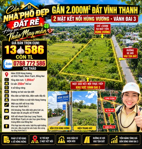 Bán Đất 2000m2 có sẵn 2000 m2 thổ cư giá 13.59 tỷ tại Đường Hùng Vương Xã Vĩnh Thanh Huyện Nhơn Trạch Đồng Nai