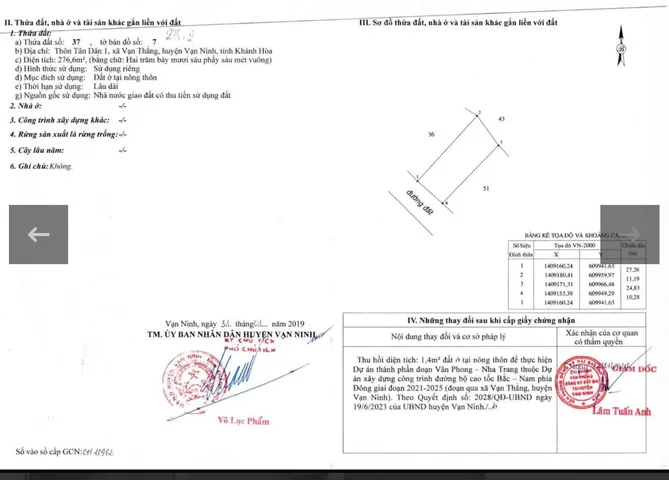 Bán Đất 276m2 có sẵn 276 m2 thổ cư giá 3.6 tỷ tại Xã Vạn Thắng Huyện Vạn Ninh Khánh Hòa