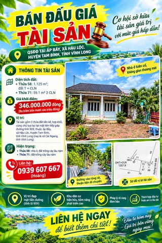 Bán Nhà riêng 1184m2 có sẵn 300 m2 thổ cư giá 346 triệu tại Xã Hậu Lộc Huyện Tam Bình Vĩnh Long