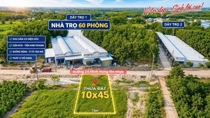 Đất xây trọ 450m2 giá 790tr - đối diện dãy trọ full phòng - sát bên KCN Minh Hưng mở rộng - Đất tại Chơn Thành - Bình Phước.