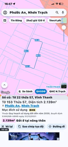 Bán Đất 2139m2 giá 12.8 tỷ tại Xã Vĩnh Thanh Huyện Nhơn Trạch Đồng Nai