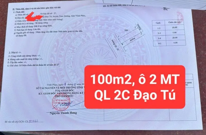 Bán Đất 100m2 có sẵn 100 m2 thổ cư giá 3.35 tỷ tại đường Quốc lộ 2C Xã Đạo Tú Huyện Tam Dương Vĩnh Phúc