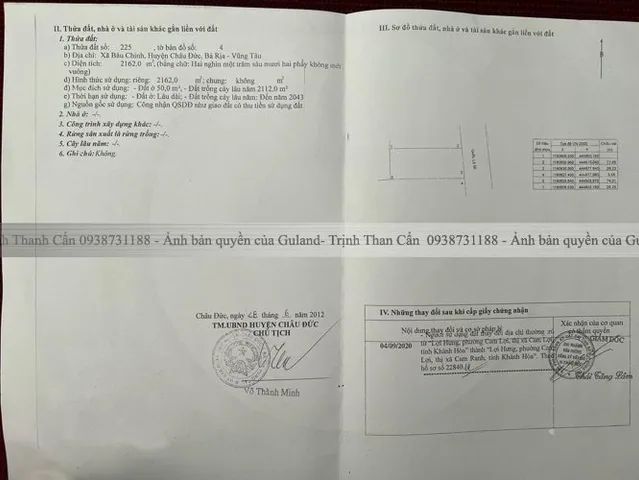 Bán Đất 2162m2 có sẵn 50 m2 thổ cư giá 9.8 tỷ tại Xã Bàu Chinh Huyện Châu Đức Bà Rịa - Vũng Tàu