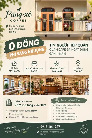 SANG NHƯỢNG HOẶC TÌM ĐỐI TÁC HỢP TÁC PHÁT TRIỂN PĂNG XÊ COFFEE - TEA QUẬN TÂY HỒ, HÀ NỘI
