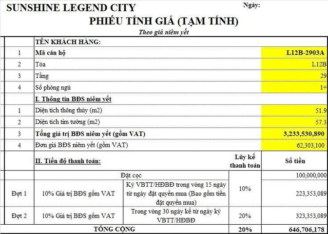Bán Căn hộ chung cư sunshine Legend city 51.9m2 tại Xã Long Hưng Huyện Văn Giang Hưng Yên
